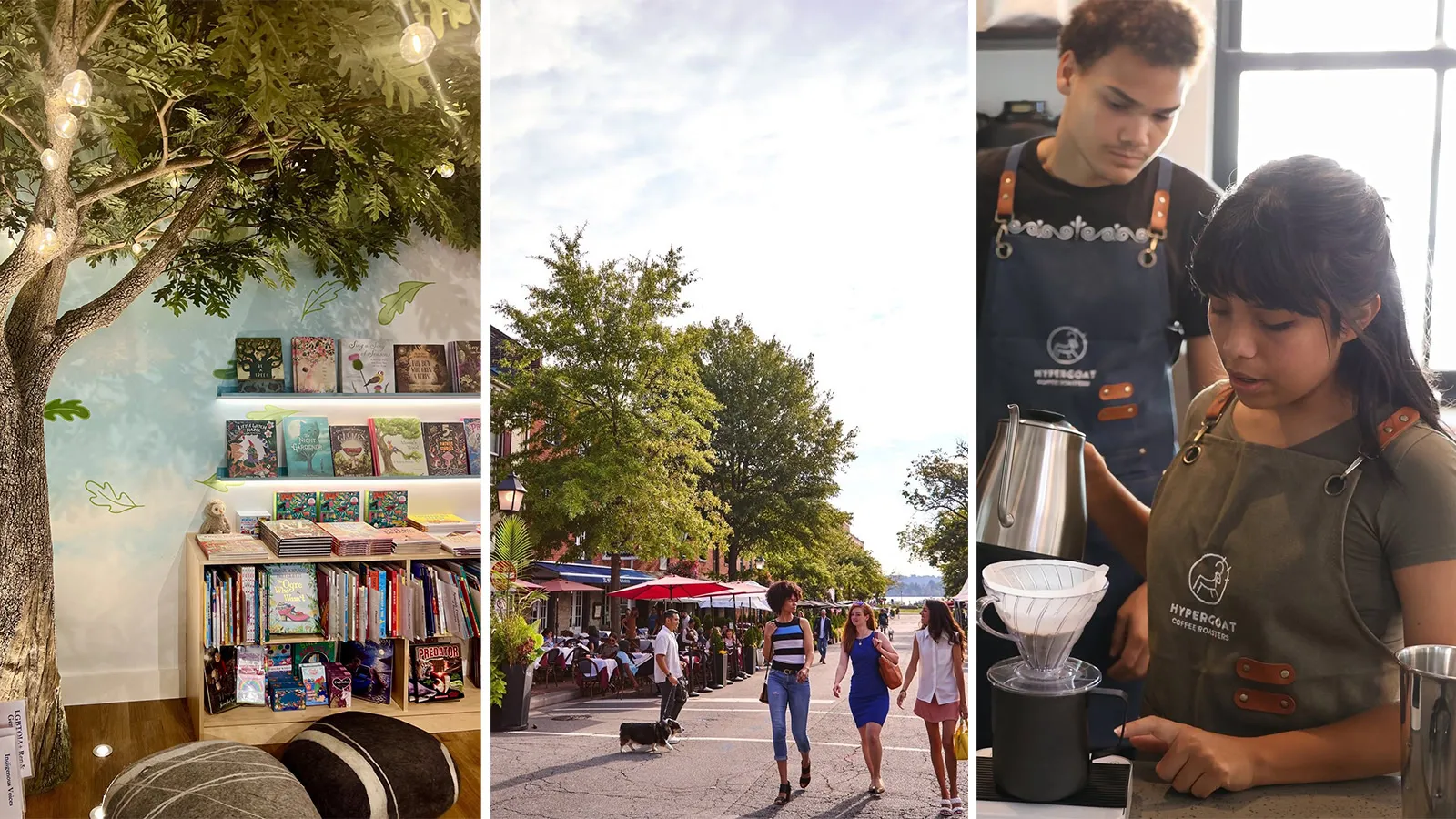 A collage with three images: a cozy bookstore with books and a tree mural, people walking on a sunny street lined with shops and trees, and two baristas making coffee in a café.